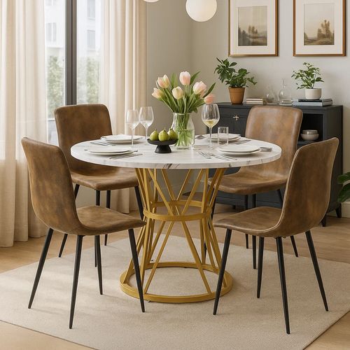 Ensemble Table Ronde Effet Marbre 100 Cm + 4 Chaises Suède Vintage