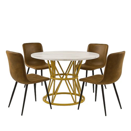 Ensemble Table Ronde Effet Marbre 100 Cm + 4 Chaises Suède Vintage