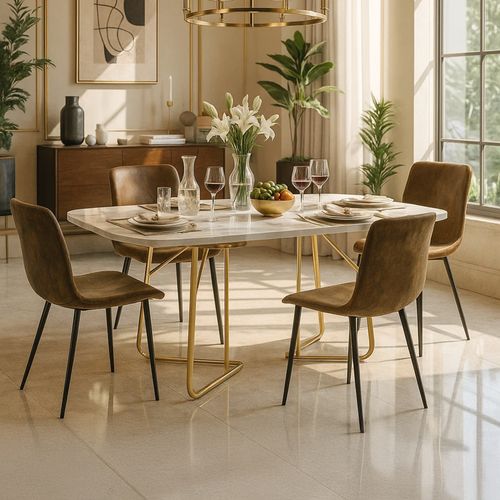 Ensemble Table Extensible Effet Marbre Blanc 140–180 Cm + 4 Chaises Suède Vintage