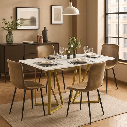 Ensemble Table Extensible Effet Marbre Blanc Pieds Dorés + 4 Chaises Suède Vintage