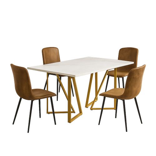 Ensemble Table Extensible Effet Marbre Blanc Pieds Dorés + 4 Chaises Suède Vintage