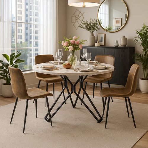 Ensemble Table Ronde Effet Marbre 100 Cm + 4 Chaises Suède Vintage