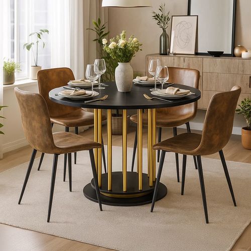 Ensemble Table Ronde Effet Marbre Noir Ø110 Cm + 4 Chaises Suède Vintage