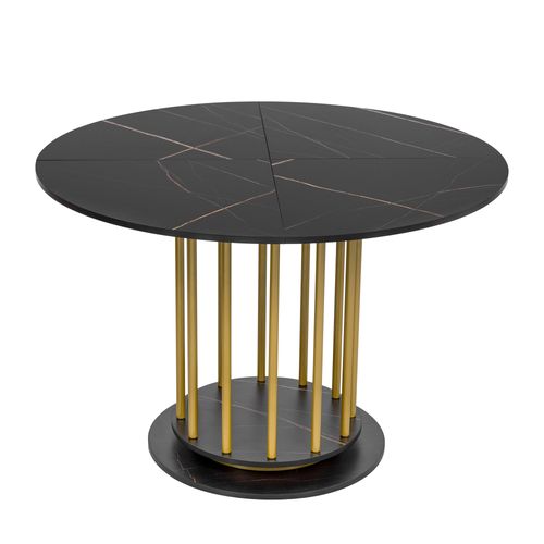Ensemble Table Ronde Effet Marbre Noir Ø110 Cm + 4 Chaises Suède Vintage