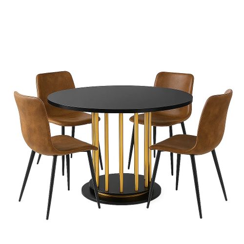 Ensemble Table Ronde Effet Marbre Noir Ø110 Cm + 4 Chaises Suède Vintage