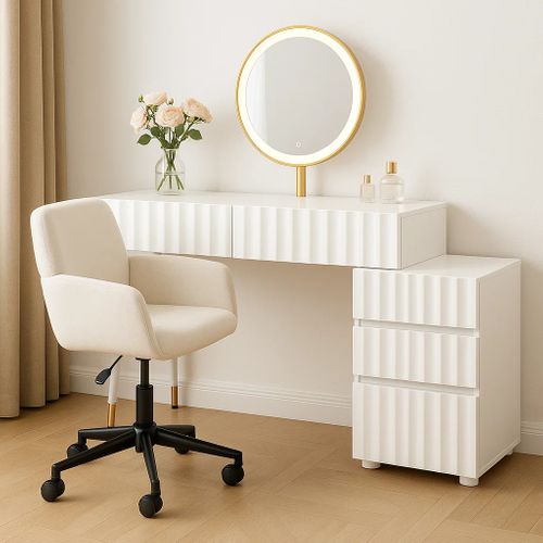 Ensemble Coiffeuse Blanche LED 100×40×127cm + Chaise Scandinave Beige Pivotante