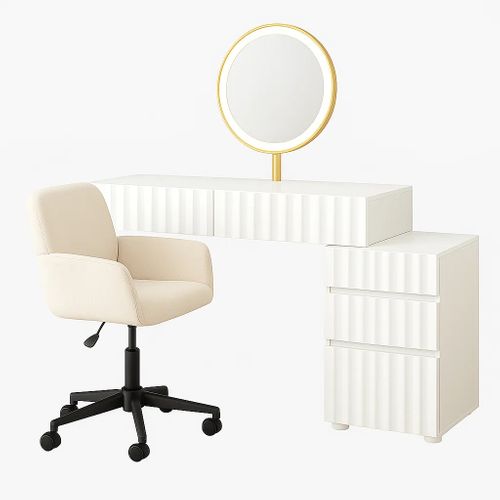 Ensemble Coiffeuse Blanche LED 100×40×127cm + Chaise Scandinave Beige Pivotante