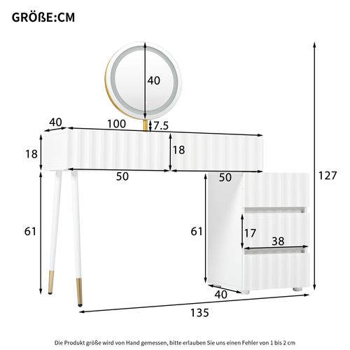 Ensemble Coiffeuse Blanche LED 100×40×127cm + Chaise Scandinave Beige Pivotante