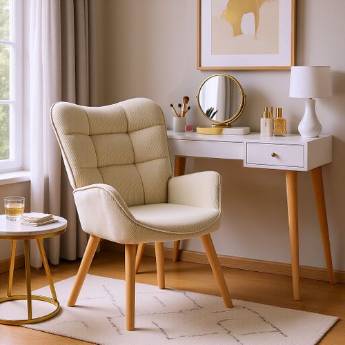 Fauteuil De Chambre En Velours Côtelé Beige Avec Pieds En Hêtre