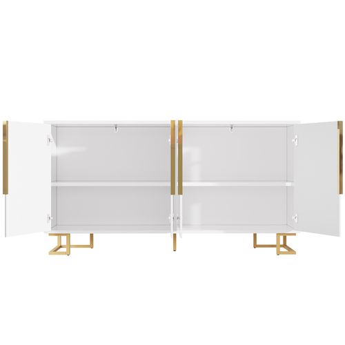 Buffet Blanc Portes à Motif Géométrique, Poignées Dorées 4 Portes Cedarpeak