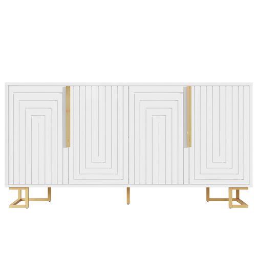 Buffet Blanc Portes à Motif Géométrique, Poignées Dorées 4 Portes Cedarpeak