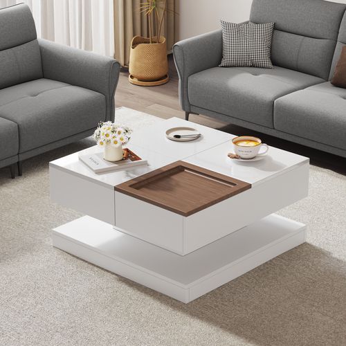 Table Basse Carrée Blanche Avec Plateau Relevable, Tiroirs, Et Plateau Effet Bois Amovible Fernfield