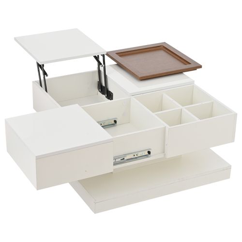 Table Basse Carrée Blanche Avec Plateau Relevable, Tiroirs, Et Plateau Effet Bois Amovible Fernfield
