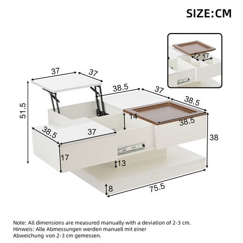 Table Basse Carrée Blanche Avec Plateau Relevable, Tiroirs, Et Plateau Effet Bois Amovible Fernfield