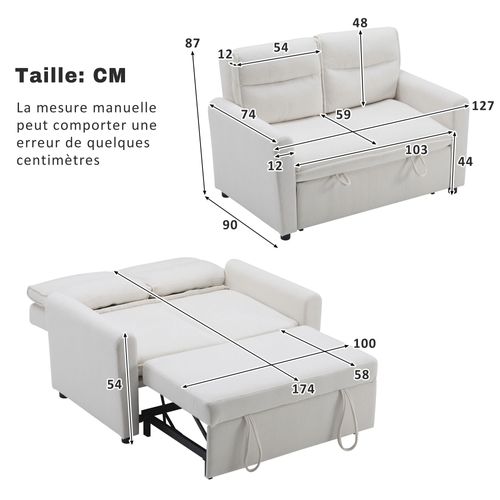 Canapé-lit Convertible 2 Places Velours Beige Clair, Dossier 5 Positions Ridgeglen