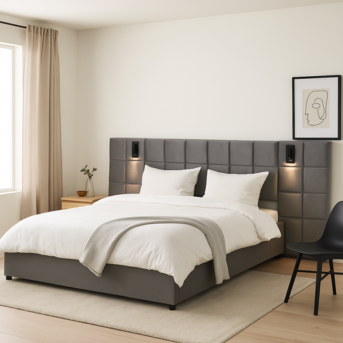 Lit Coffre King En Velours Gris Avec Éclairage Et Prises USB 180*200 Permafrost