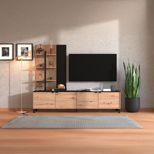 Meuble TV L.208 cm MARGARETH imitation chêne et noir