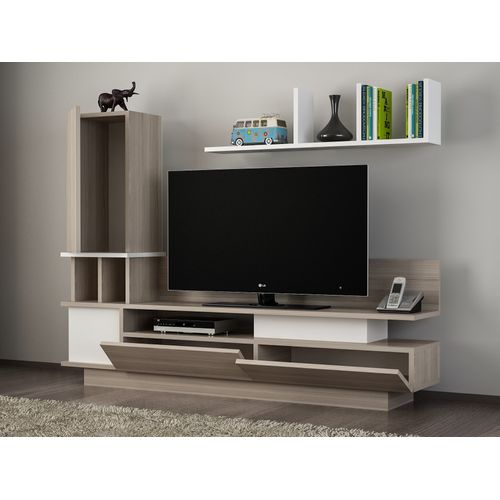 Meuble TV Avec Étagère Murale En Bois "como" - 149 X 31 X 117 Cm - Gris Clair