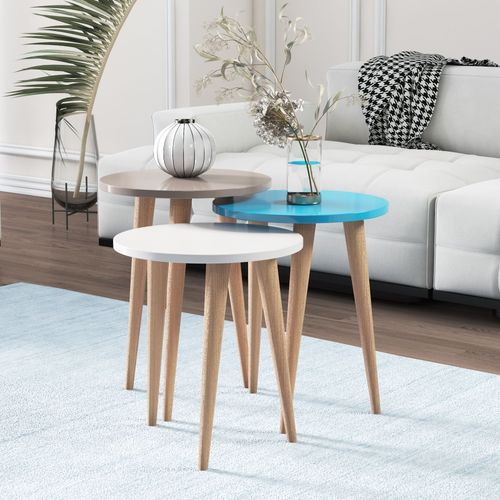 Tables Gigognes, Set De 3, Le Pied En Bois, Colorés (teak, Créme Et Turquoise)