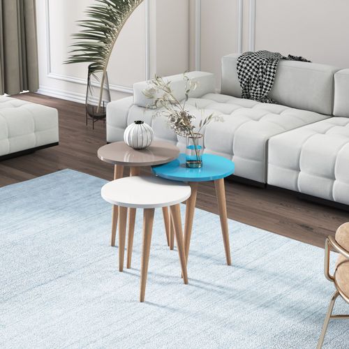 Tables Gigognes, Set De 3, Le Pied En Bois, Colorés (teak, Créme Et Turquoise)