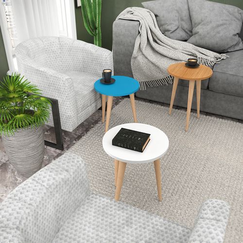 Tables Gigognes, Set De 3, Le Pied En Bois, Colorés (teak, Créme Et Turquoise)