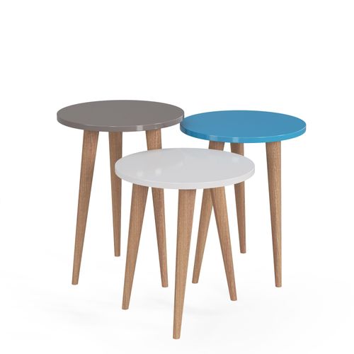 Tables Gigognes, Set De 3, Le Pied En Bois, Colorés (teak, Créme Et Turquoise)