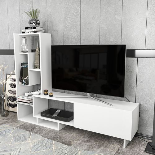Pegai Meuble TV Avec Rangement Armoires Et Niches - Convient Aux TVs 55" - Blanc
