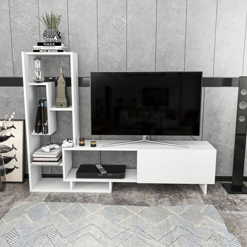 Pegai Meuble TV Avec Rangement Armoires Et Niches - Convient Aux TVs 55" - Blanc