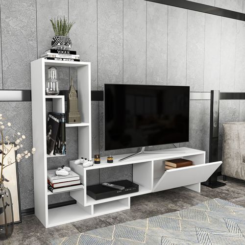 Pegai Meuble TV Avec Rangement Armoires Et Niches - Convient Aux TVs 55" - Blanc