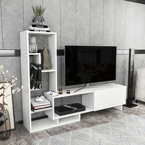 Pegai Meuble TV Avec Rangement Armoires Et Niches - Convient Aux TVs 55" - Blanc