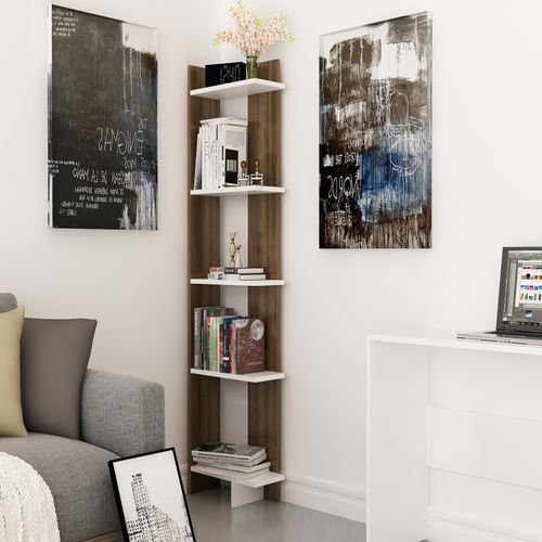 Bibliothèque D`angle 5-étagères Alice (blanc Et Noyer)