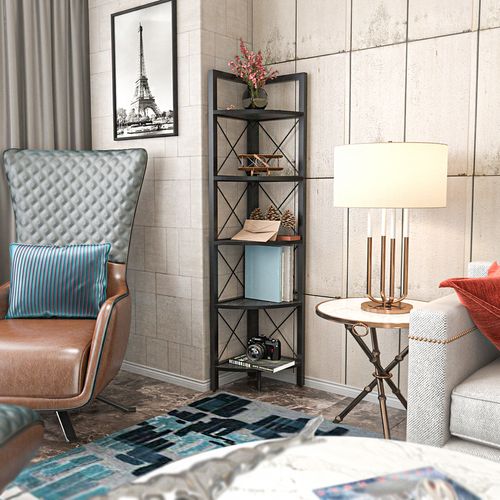 Bibliothèque D`angle 5-étagères Alice (blanc Et Noyer)