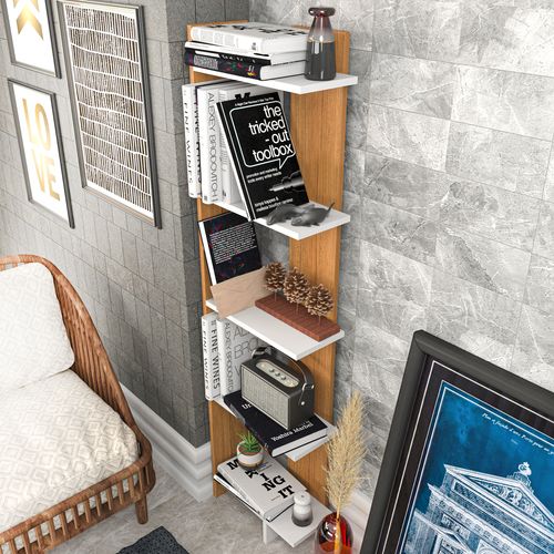 Bibliothèque D`angle 5-étagères Alice (blanc Et Teak)