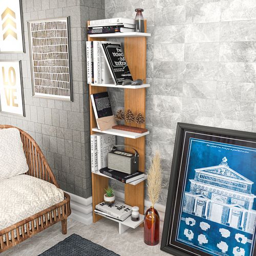 Bibliothèque D`angle 5-étagères Alice (blanc Et Teak)