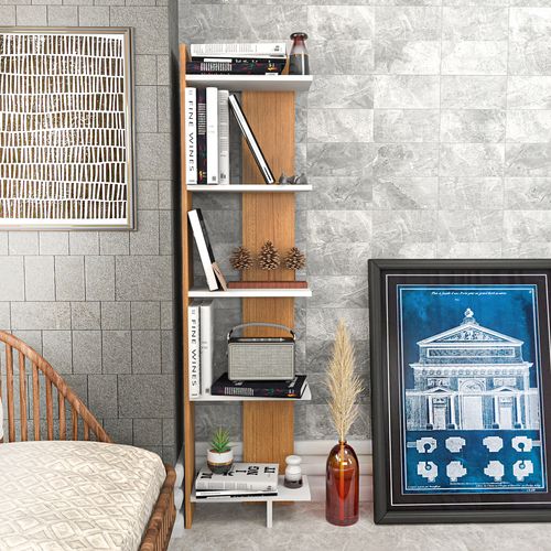 Bibliothèque D`angle 5-étagères Alice (blanc Et Teak)