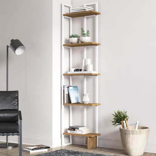 Bibliothèque D'angle 5-étagères Alice Avec Le Cadre En Métal (blanc Et Oud)