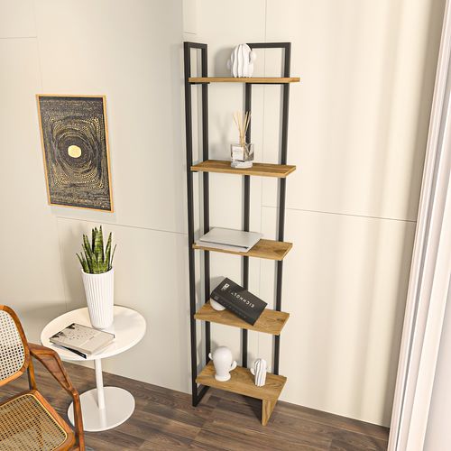 Bibliothèque D'angle 5-étagères Alice Avec Le Cadre En Métal (noir Et Oud)