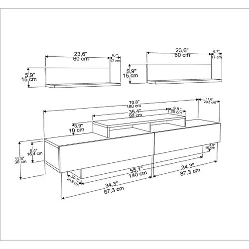 Lusi Meuble TV 180 Cm Étagères Murales Incluses - Armoires Battantes (blanc Et Café Galaxy)