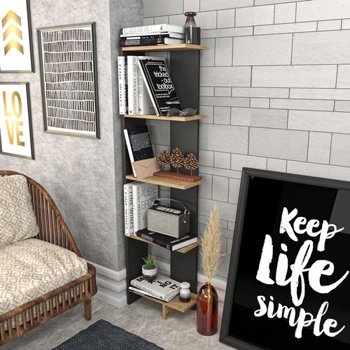 Bibliothèque D'angle 5-étagères Alice (noir Et Oud)