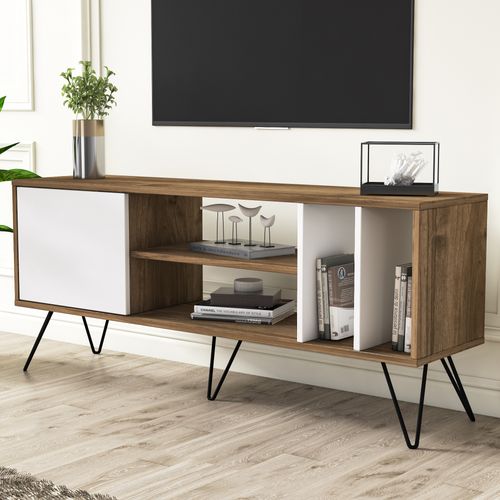 Meuble TV Mistico De 140 Cm Avec Étagères Ouvertes Et Armoire Avec Le Pied En Métal (noyer Et Blanc)