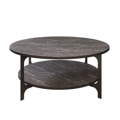 Table Basse Ronde Avec Le Cadre En Métal (effet Marbre Noir Et Noir)