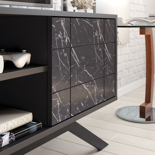 Meuble TV North 130 Cm Avec Cabinet Et Étagès, Pieds En Métal (noir Et Bendire)