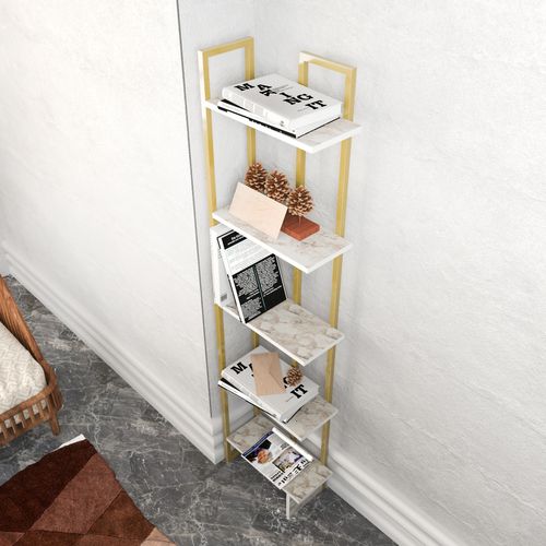 Bibliothèque D`angle 5-étagères Alice Avec Le Cadre En Métal (doré Et Effet Marbre Blanc)