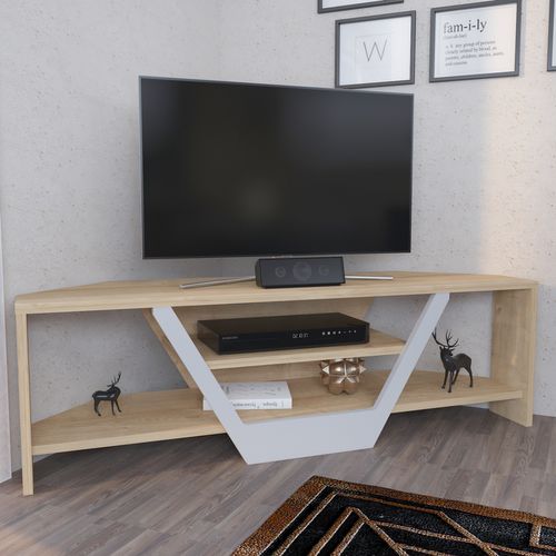Meuble TV D'angle Sares En Forme V - Etagères Ouvertes (chêne Et Blanc)