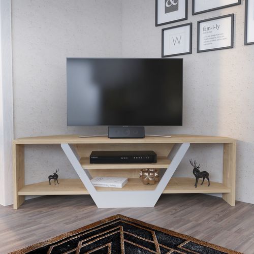 Meuble TV D'angle Sares En Forme V - Etagères Ouvertes (chêne Et Blanc)