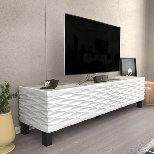 Meuble TV Lerze 150 Cm Portes Avec Portes Texture 3d En Mdf (effet Marbre Blanc Et Blanc)