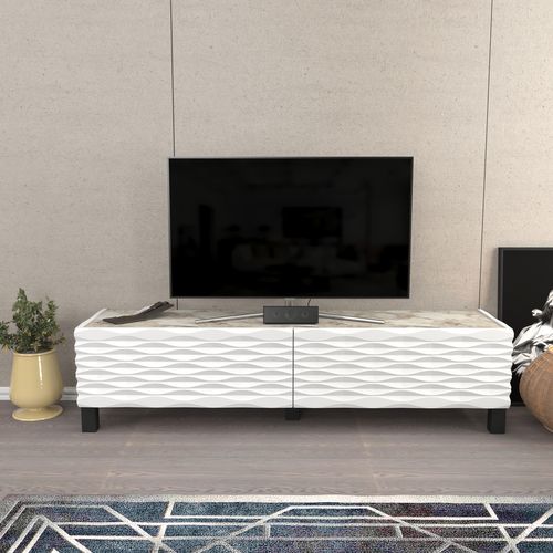 Meuble TV Lerze 150 Cm Portes Avec Portes Texture 3d En Mdf (effet Marbre Blanc Et Blanc)