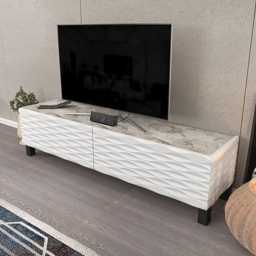 Meuble TV Lerze 150 Cm Portes Avec Portes Texture 3d En Mdf (effet Marbre Blanc Et Blanc)