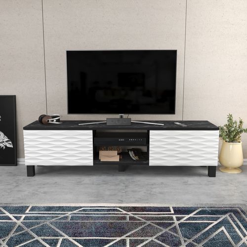 Meuble TV Lukas De 150 Cm Avec Armoires Et Etagères Ouvertes (effet Marbre Noir Et Blanc)