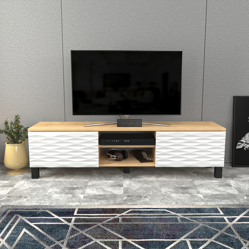 Meuble TV Lukas De 150 Cm Avec Armoires Et Etagères Ouvertes (chêne Et Blanc)